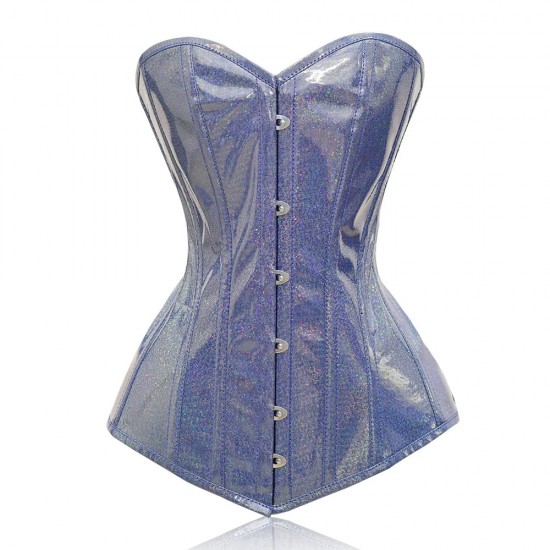 Women Real Leather Corset Overbust Handmade Light Blue Shine Genuine Leather Corset, Heavy Duty Steel Boned Waist Gothic Luxury and Stylish