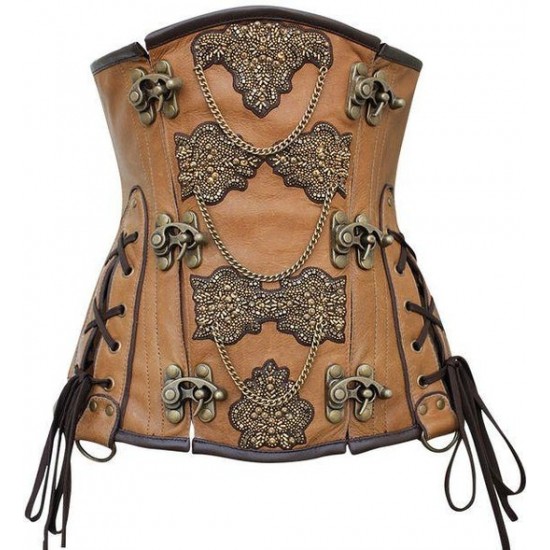 Women Real Leather Corset Overbust Handmade Brown Genuine Leather Corset, Heavy Duty Steel Boned Waist Gothic Luxury and Stylish