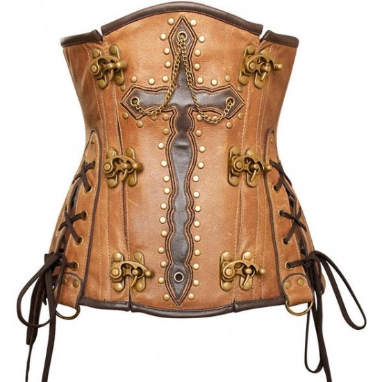 Women Real Leather Corset Overbust Handmade Brown Genuine Leather Corset, Heavy Duty Steel Boned Waist Gothic Luxury and Stylish