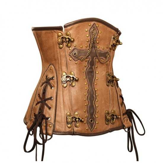 Women Real Leather Corset Overbust Handmade Brown Genuine Leather Corset, Heavy Duty Steel Boned Waist Gothic Luxury and Stylish