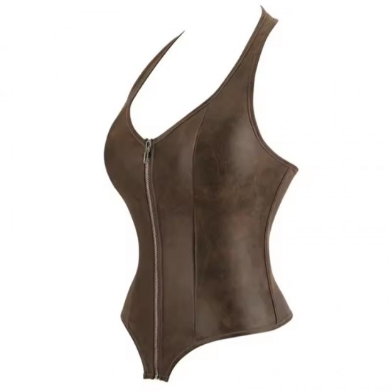 Women Real Leather Corset Overbust Handmade Brown Genuine Leather Corset, Heavy Duty Steel Boned Waist Gothic Luxury and Stylish