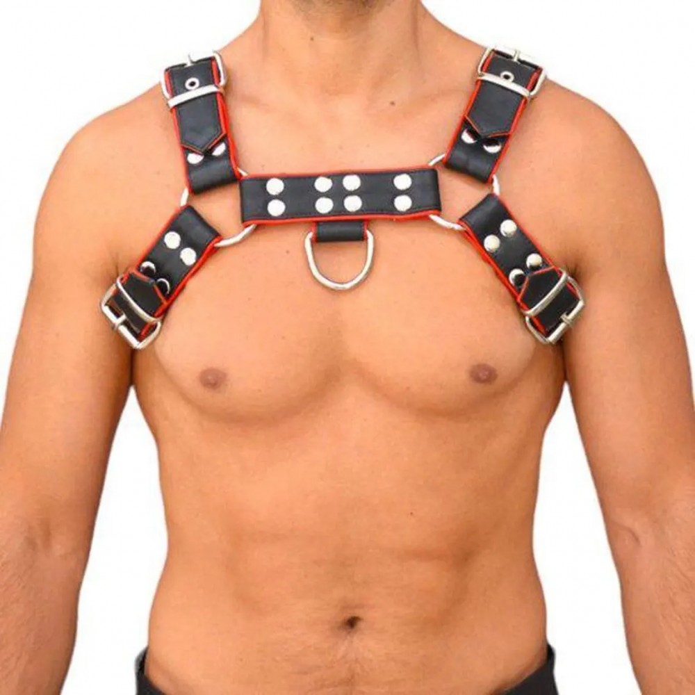 Handcrafted Leather Chest Harness, Men's Real Leather Harness, Handcrafted Fetish Bulldog Chest Harness With Red Piping, Adjustable Fit. 