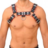 Handcrafted Leather Chest Harness, Men's Real Leather Harness, Handcrafted Fetish Bulldog Chest Harness With Red Piping, Adjustable Fit. 
