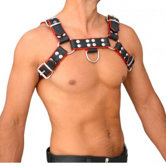 Handcrafted Leather Chest Harness, Men's Real Leather Harness, Handcrafted Fetish Bulldog Chest Harness With Red Piping, Adjustable Fit. 