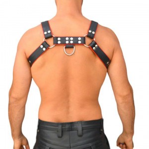 Handcrafted Leather Chest Harness, Men's Real Leather Harness, Handcrafted Fetish Bulldog Chest Harness With Red Piping, Adjustable Fit. 