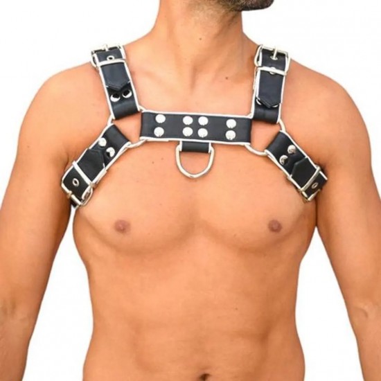 Handcrafted Leather Chest Harness: Adjustable Outfit Accessory, Handcrafted Fetish Bulldog Chest Harness With White Piping, Adjustable Fit.