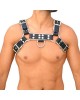 Handcrafted Leather Chest Harness: Adjustable Outfit Accessory, Handcrafted Fetish Bulldog Chest Harness With White Piping, Adjustable Fit.