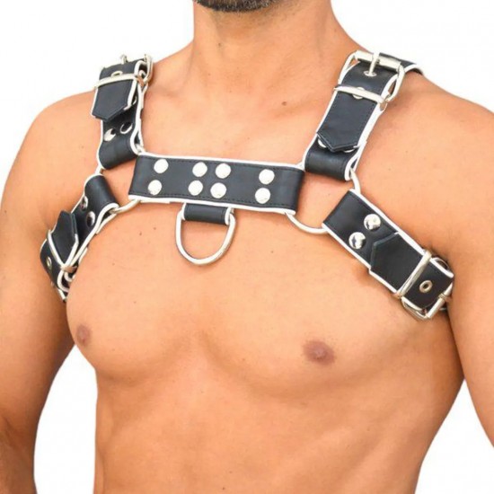 Handcrafted Leather Chest Harness: Adjustable Outfit Accessory, Handcrafted Fetish Bulldog Chest Harness With White Piping, Adjustable Fit.
