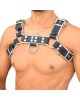 Handcrafted Leather Chest Harness: Adjustable Outfit Accessory, Handcrafted Fetish Bulldog Chest Harness With White Piping, Adjustable Fit.