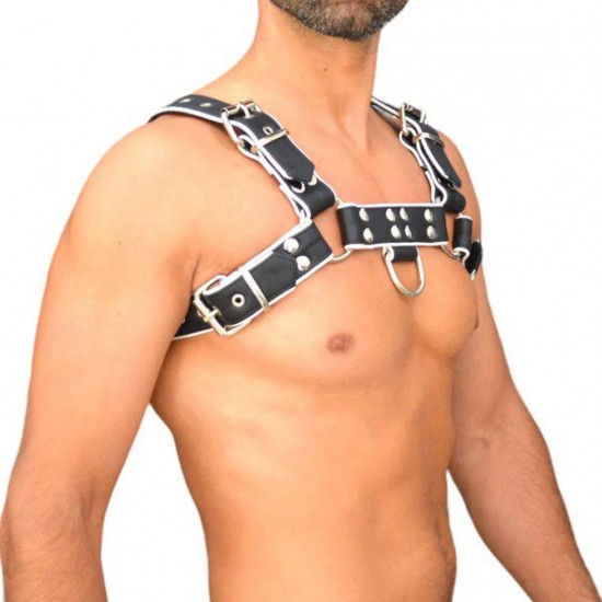 Handcrafted Leather Chest Harness: Adjustable Outfit Accessory, Handcrafted Fetish Bulldog Chest Harness With White Piping, Adjustable Fit.