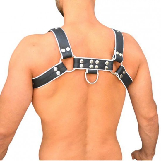 Handcrafted Leather Chest Harness: Adjustable Outfit Accessory, Handcrafted Fetish Bulldog Chest Harness With White Piping, Adjustable Fit.