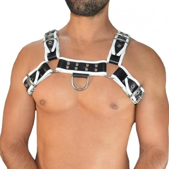 Men's Real Leather Harness, Premium Leather Harness, Handcrafted Fetish Bulldog Chest Harness With White Piping, Adjustable Fit