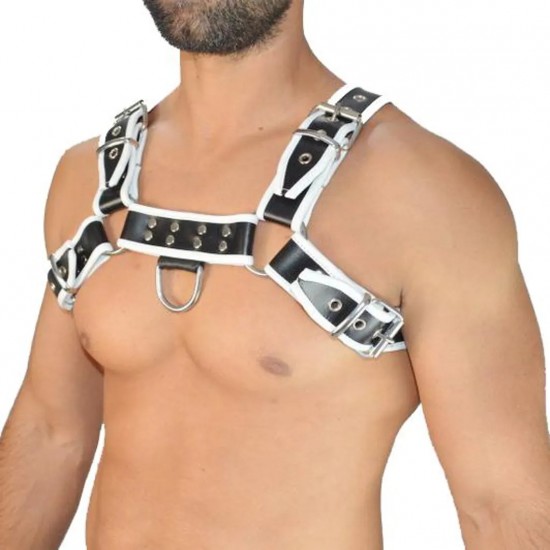 Men's Real Leather Harness, Premium Leather Harness, Handcrafted Fetish Bulldog Chest Harness With White Piping, Adjustable Fit