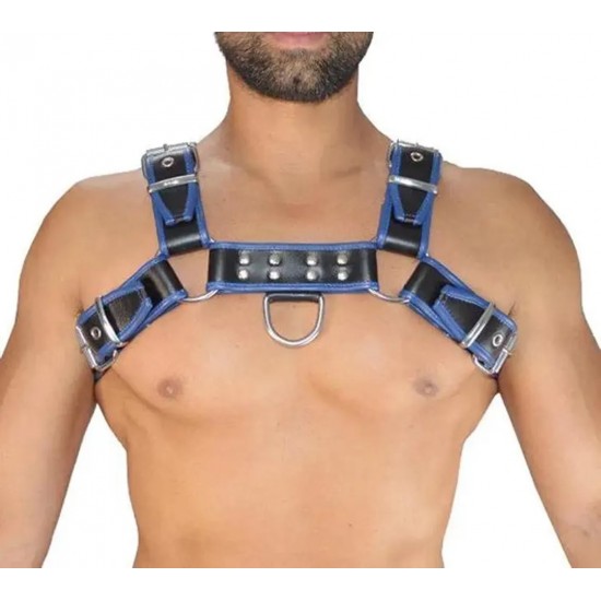 Men's Real Leather Harness, Premium Leather Harness, Handcrafted Fetish Bulldog Chest Harness With Blue Piping, Adjustable Fit.