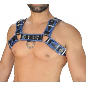 Men's Real Leather Harness, Premium Leather Harness, Handcrafted Fetish Bulldog Chest Harness With Blue Piping, Adjustable Fit.