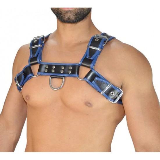 Men's Real Leather Harness, Premium Leather Harness, Handcrafted Fetish Bulldog Chest Harness With Blue Piping, Adjustable Fit.