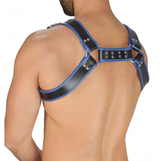 Men's Real Leather Harness, Premium Leather Harness, Handcrafted Fetish Bulldog Chest Harness With Blue Piping, Adjustable Fit.