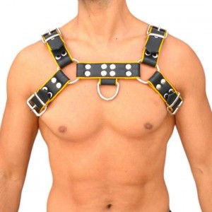 Men's Real Leather Harness, Premium Leather Harness, Handcrafted Fetish Bulldog Chest Harness With Yellow Piping, Adjustable Fit.