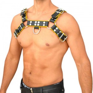 Men's Real Leather Harness, Premium Leather Harness, Handcrafted Fetish Bulldog Chest Harness With Yellow Piping, Adjustable Fit.