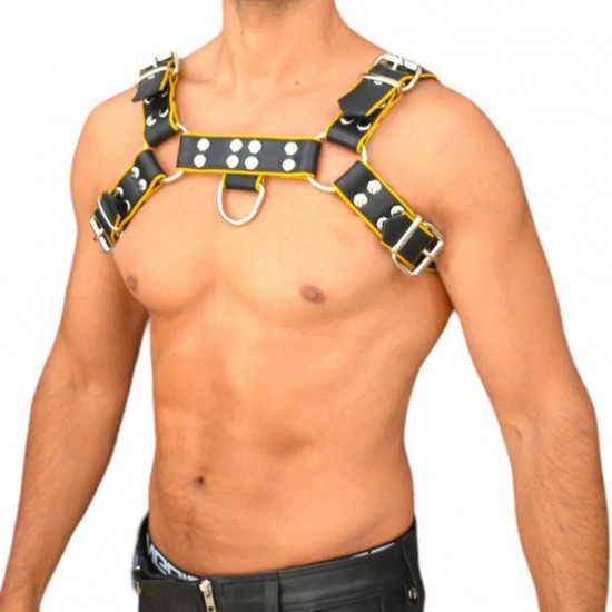 Men's Real Leather Harness, Premium Leather Harness, Handcrafted Fetish Bulldog Chest Harness With Yellow Piping, Adjustable Fit.