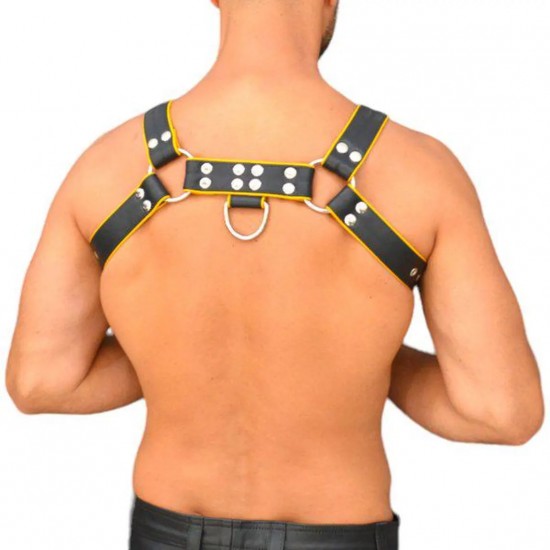 Men's Real Leather Harness, Premium Leather Harness, Handcrafted Fetish Bulldog Chest Harness With Yellow Piping, Adjustable Fit.