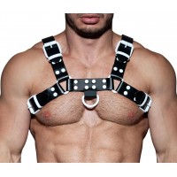 Men's Real Leather Harness, Premium Leather Harness, Handcrafted Fetish Bulldog Chest Harness With White Accessory, Adjustable Fit.