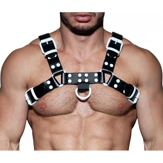 Men's Real Leather Harness, Premium Leather Harness, Handcrafted Fetish Bulldog Chest Harness With White Accessory, Adjustable Fit.