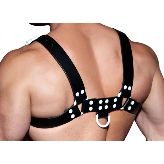 Men's Real Leather Harness, Premium Leather Harness, Handcrafted Fetish Bulldog Chest Harness With White Accessory, Adjustable Fit.