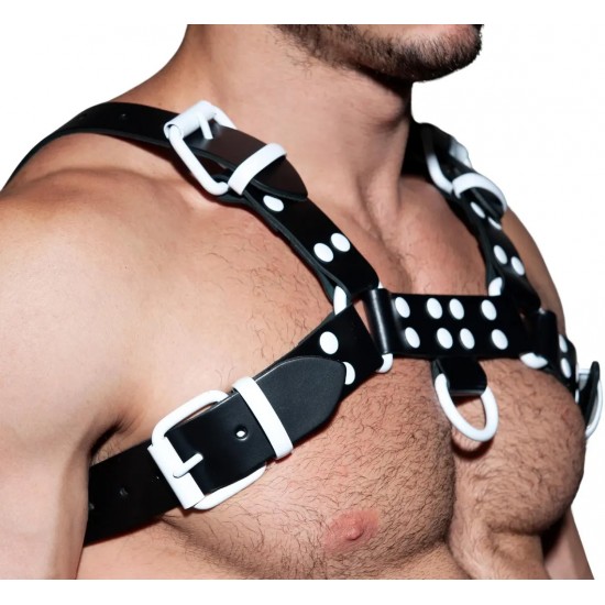 Men's Real Leather Harness, Premium Leather Harness, Handcrafted Fetish Bulldog Chest Harness With White Accessory, Adjustable Fit.