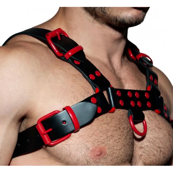 Men's Real Leather Harness, Premium Leather Harness, Handcrafted Fetish Bulldog Chest Harness With Red Accessory, Adjustable Fit.