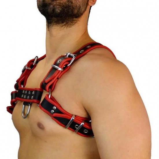 Men's Real Leather Harness, Premium Leather Harness, Handcrafted Fetish Bulldog Chest Harness With Red Piping, Adjustable Fit.