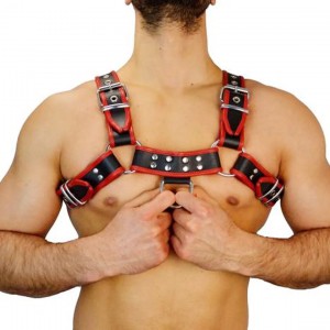 Men's Real Leather Harness, Premium Leather Harness, Handcrafted Fetish Bulldog Chest Harness With Red Piping, Adjustable Fit.