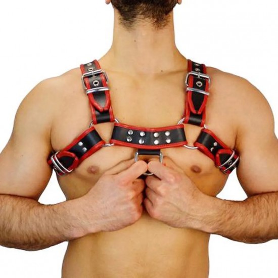 Men's Real Leather Harness, Premium Leather Harness, Handcrafted Fetish Bulldog Chest Harness With Red Piping, Adjustable Fit.