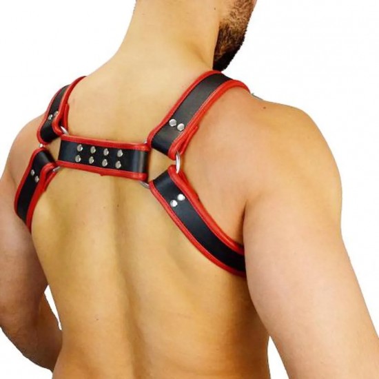 Men's Real Leather Harness, Premium Leather Harness, Handcrafted Fetish Bulldog Chest Harness With Red Piping, Adjustable Fit.