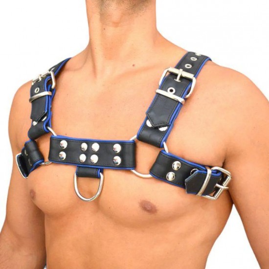 Men's Real Leather Harness, Premium Leather Harness, Handcrafted Fetish Bulldog Chest Harness With Blue Piping, Adjustable Fit.