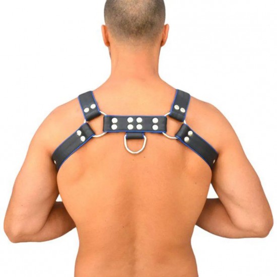 Men's Real Leather Harness, Premium Leather Harness, Handcrafted Fetish Bulldog Chest Harness With Blue Piping, Adjustable Fit.