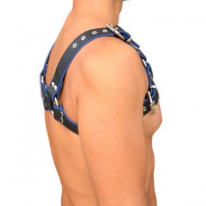 Men's Real Leather Harness, Premium Leather Harness, Handcrafted Fetish Bulldog Chest Harness With Blue Piping, Adjustable Fit.