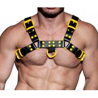 Men's Real Leather Harness, Premium Leather Harness, Handcrafted Fetish Bulldog Chest Harness With Yellow Accessory, Adjustable Fit. 
