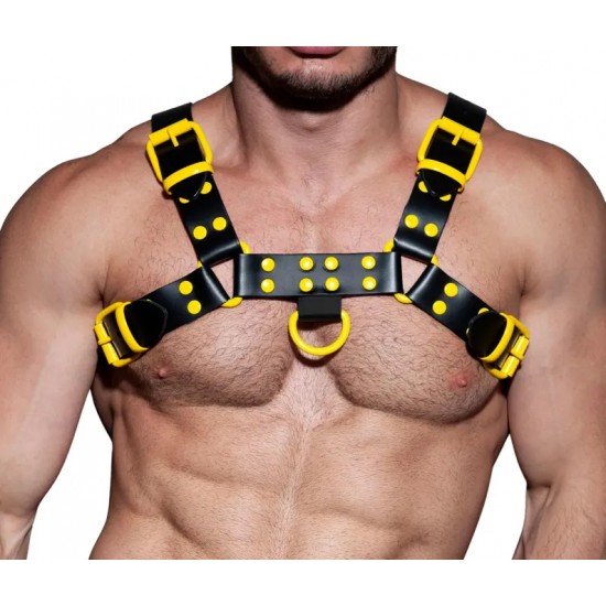 Men's Real Leather Harness, Premium Leather Harness, Handcrafted Fetish Bulldog Chest Harness With Yellow Accessory, Adjustable Fit. 