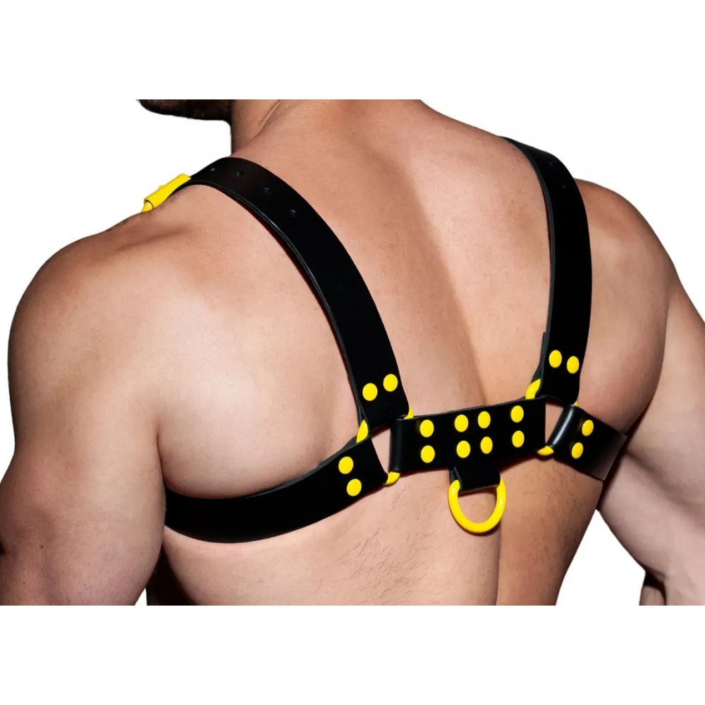 Men's Real Leather Harness, Premium Leather Harness, Handcrafted Fetish Bulldog Chest Harness With Yellow Accessory, Adjustable Fit. 