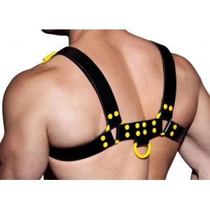Men's Real Leather Harness, Premium Leather Harness, Handcrafted Fetish Bulldog Chest Harness With Yellow Accessory, Adjustable Fit. 