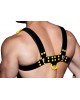 Men's Real Leather Harness, Premium Leather Harness, Handcrafted Fetish Bulldog Chest Harness With Yellow Accessory, Adjustable Fit. 
