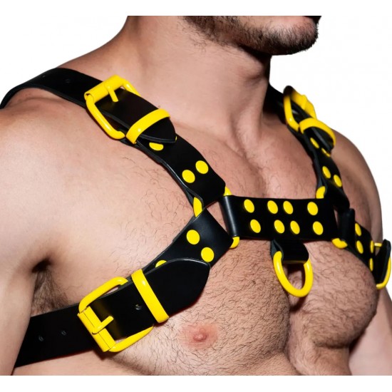 Men's Real Leather Harness, Premium Leather Harness, Handcrafted Fetish Bulldog Chest Harness With Yellow Accessory, Adjustable Fit. 