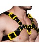Men's Real Leather Harness, Premium Leather Harness, Handcrafted Fetish Bulldog Chest Harness With Yellow Accessory, Adjustable Fit. 