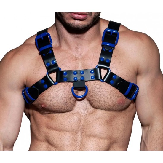 Genuine Leather Chest Harness, Adjustable Straps, Multiple Colors, Handcrafted Fetish Bulldog Chest Harness With Blue Accessory