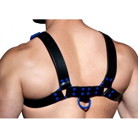 Genuine Leather Chest Harness, Adjustable Straps, Multiple Colors, Handcrafted Fetish Bulldog Chest Harness With Blue Accessory