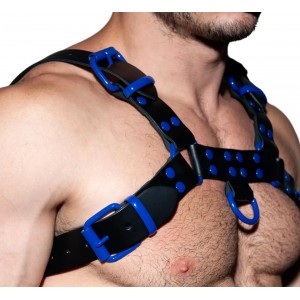 Genuine Leather Chest Harness, Adjustable Straps, Multiple Colors, Handcrafted Fetish Bulldog Chest Harness With Blue Accessory