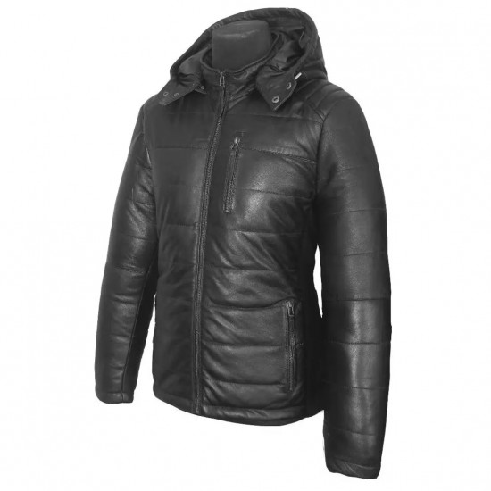 Women Quilted Real Leather Jacket with Hood, Classic Handmade Vintage Fashion Wear