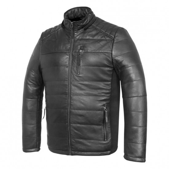 Men's Quilted Real Leather Jacket with Hood, Classic Handmade Vintage 