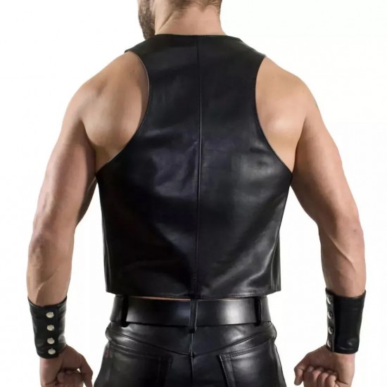 Men Real Leather Bartender Vest Cowhide Bar Waistcoat Open Front Vintage Style, Handmade – Gay Bar Vest, Open Front Vintage Style Party Vest
